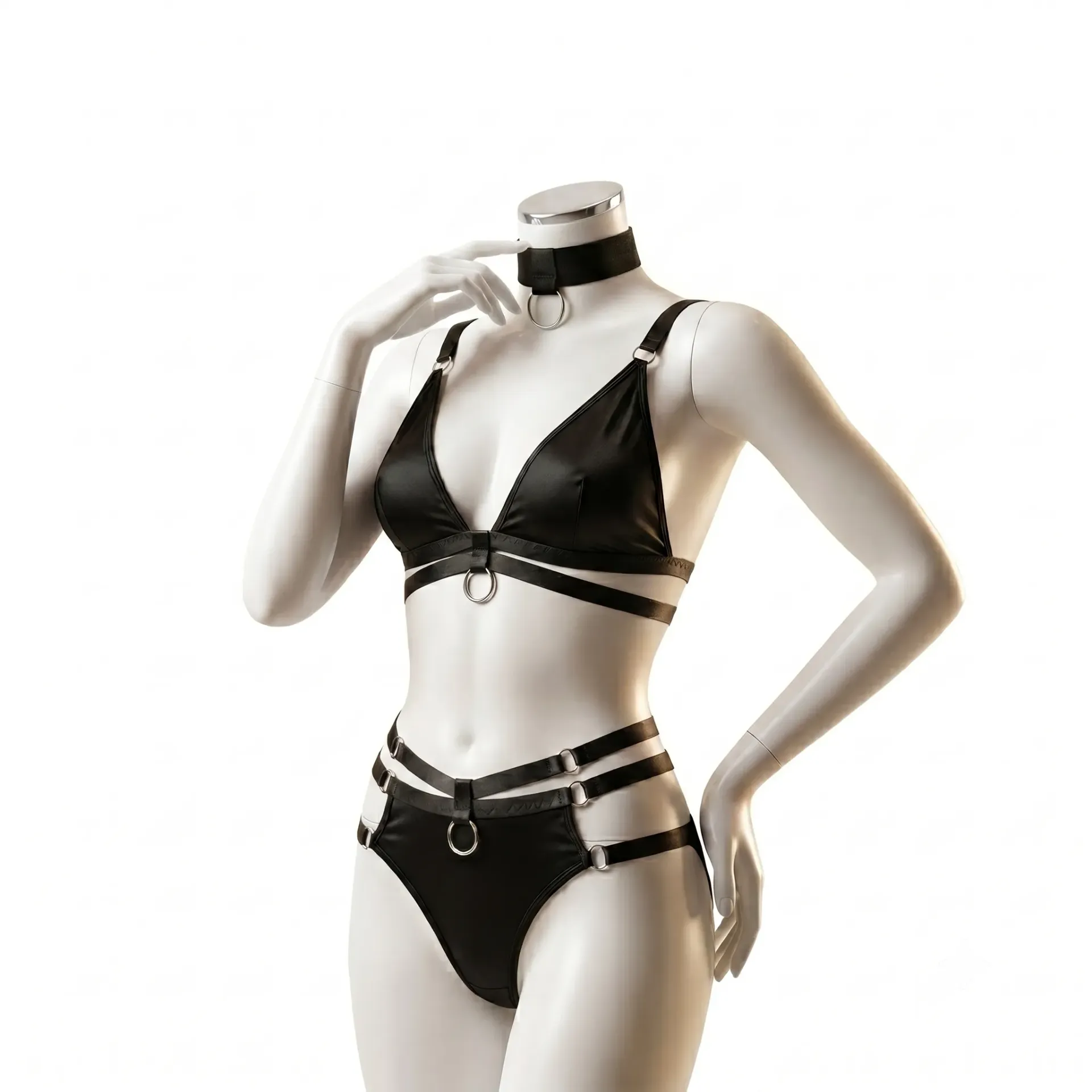 3 Piece Black Harness-Style Lingerie Set with Silver Details (S)