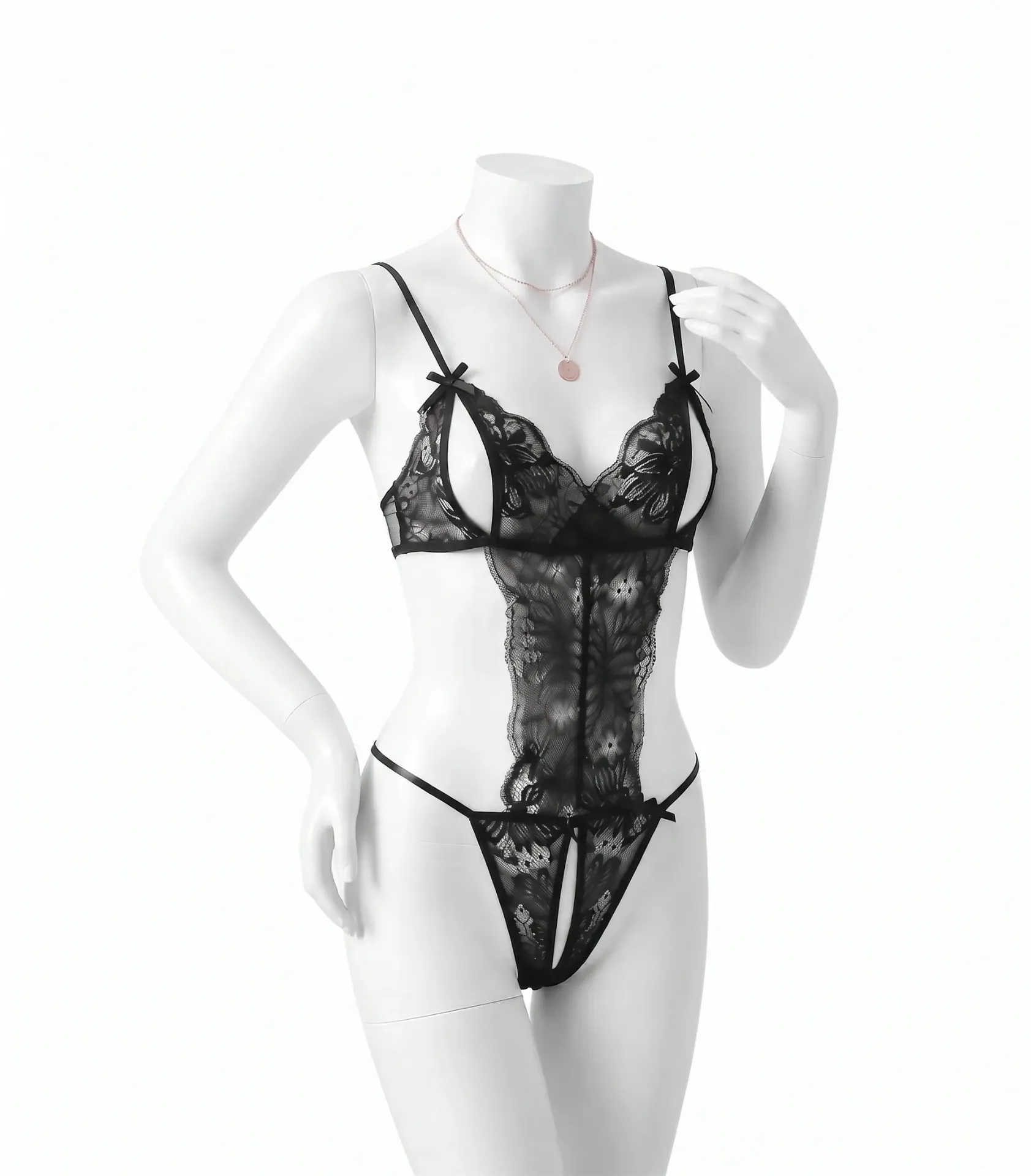 Open-Front Lace Thong with Satin Bows (S)