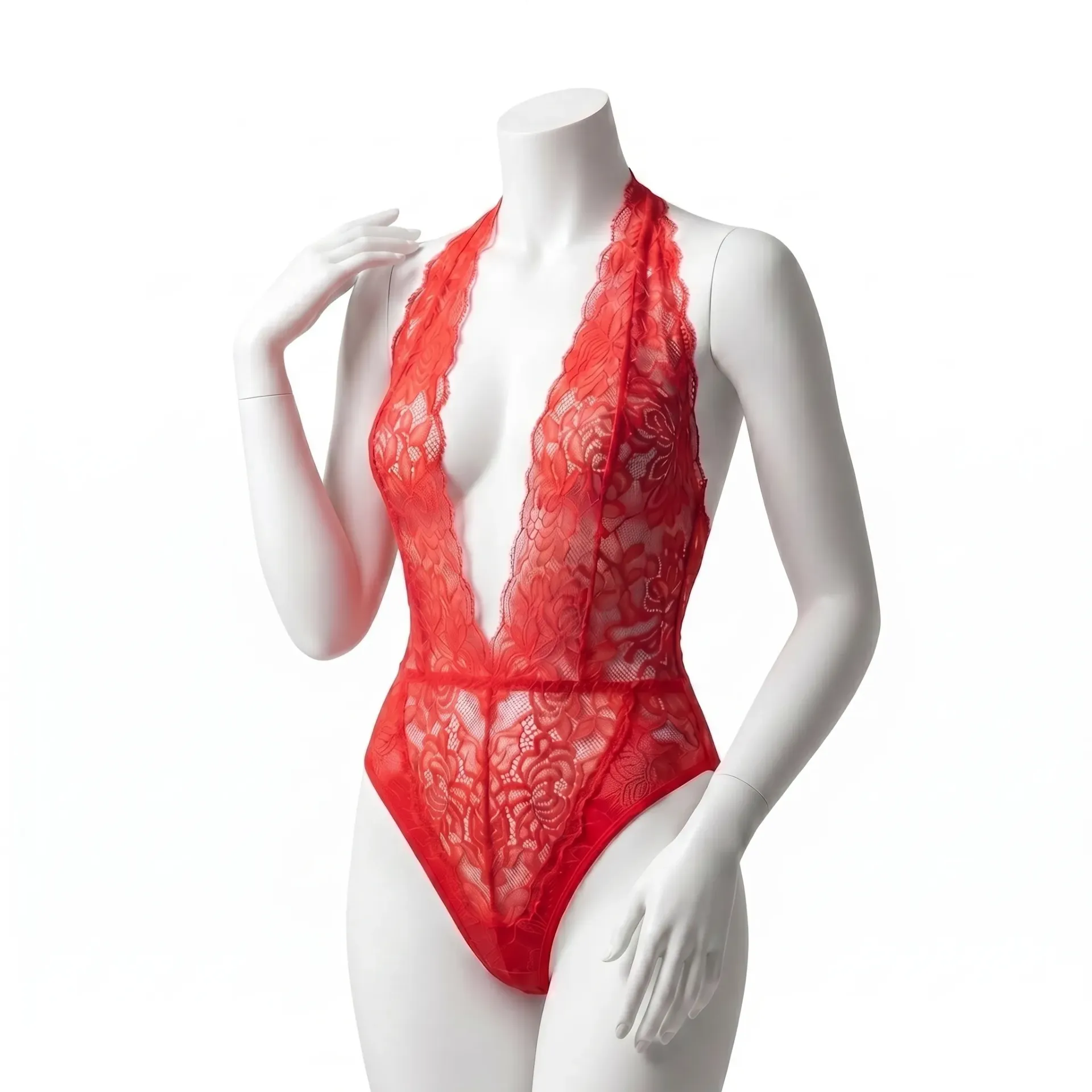 Sheer Lace Bodysuit with a Plunging Neckline (S)