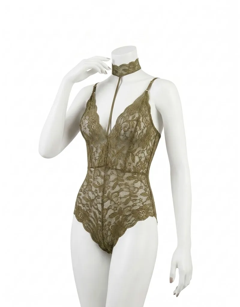 Lace Bodysuit with Built-In Choker and Cross-Back
