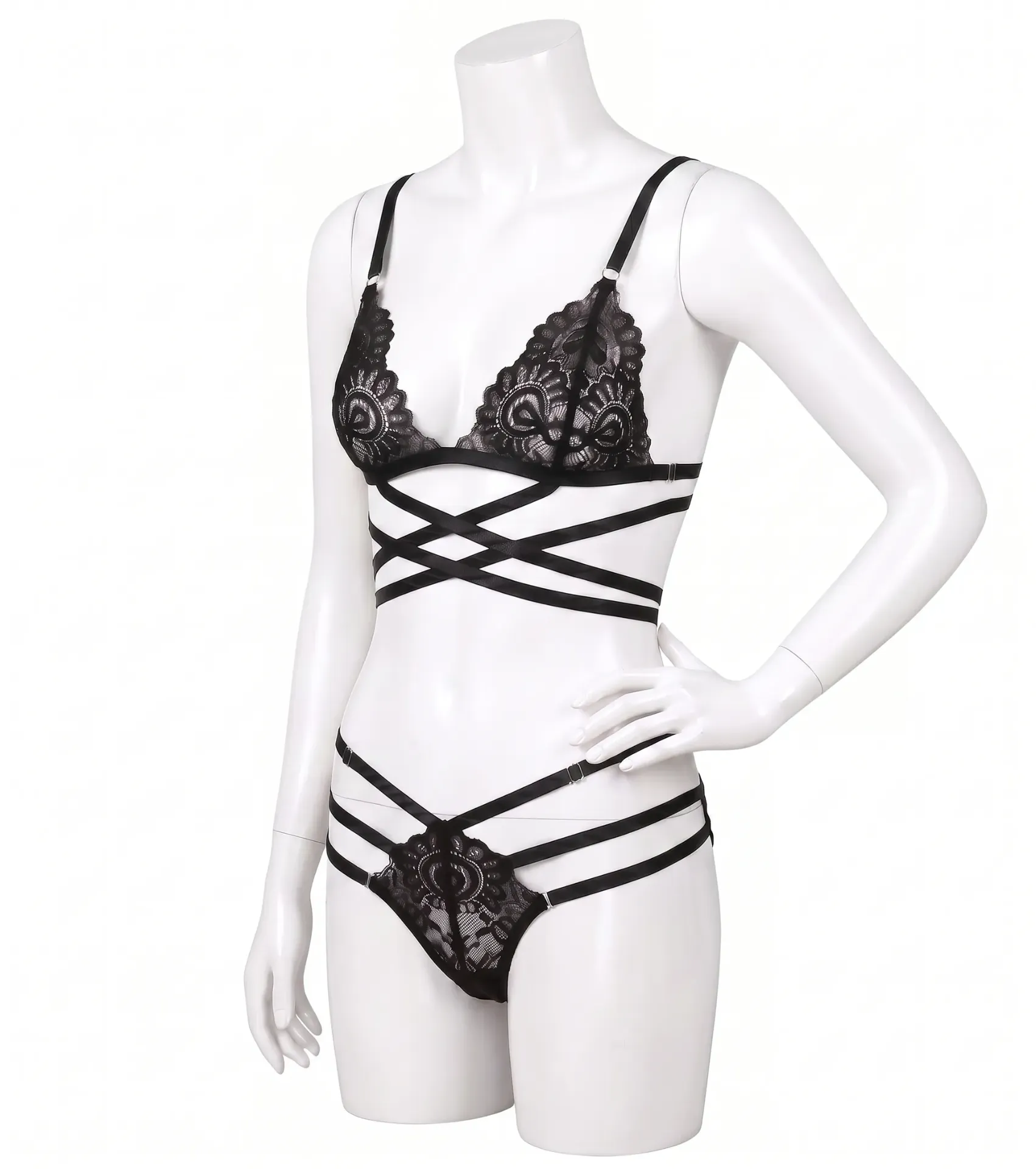 Ensemble Lingerie Fine 2 Piéces  en Dentelle et Lanières Croisées  