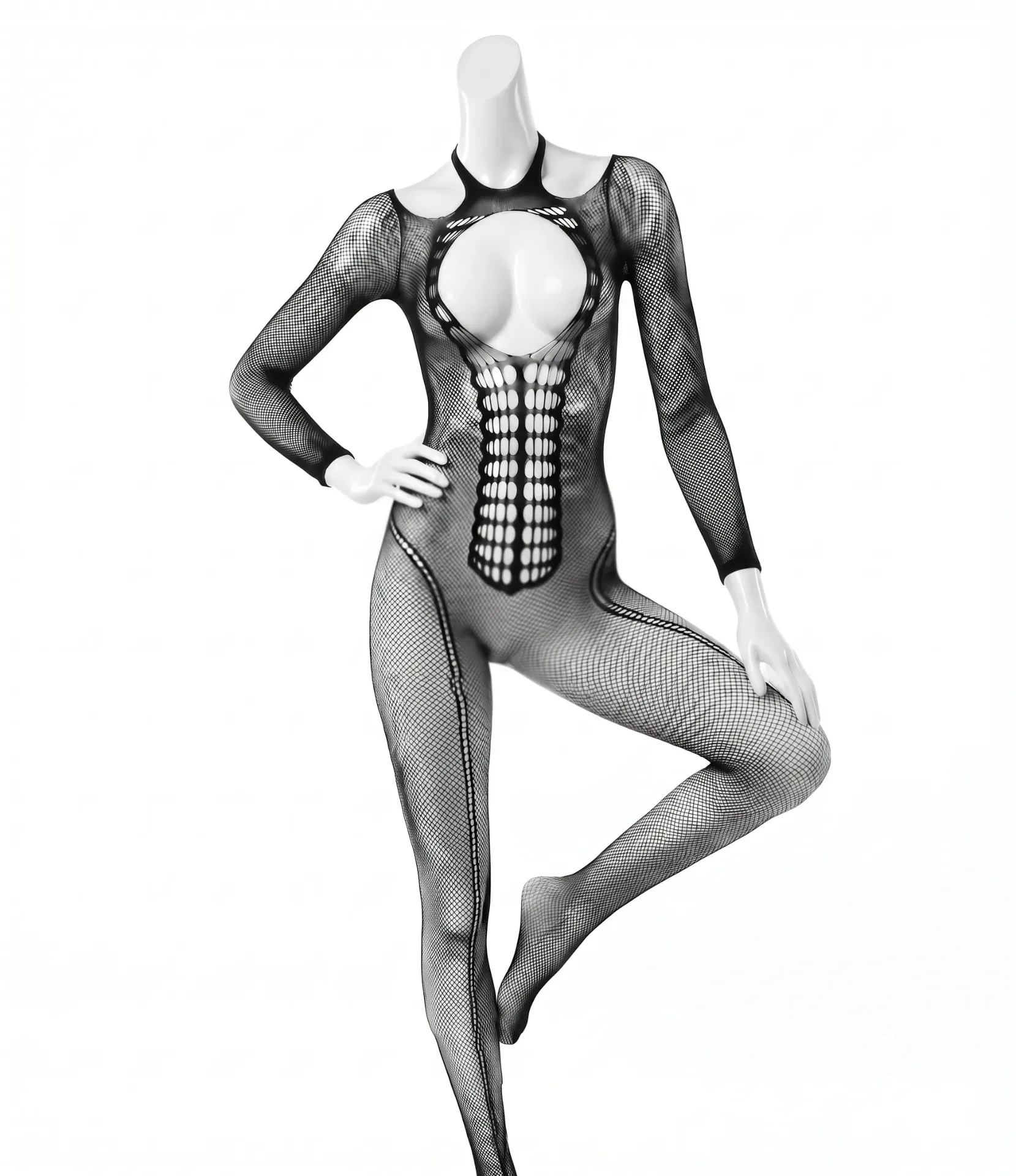 Full-Body Fishnet Bodysuit with Chest Cutout