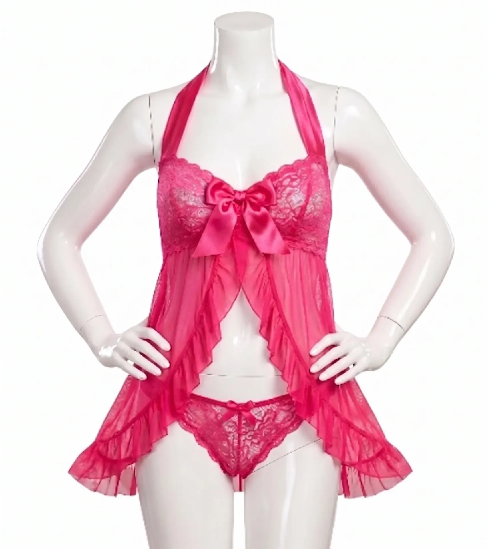 2 Piece Ruffled Nightgown (Pink, M)