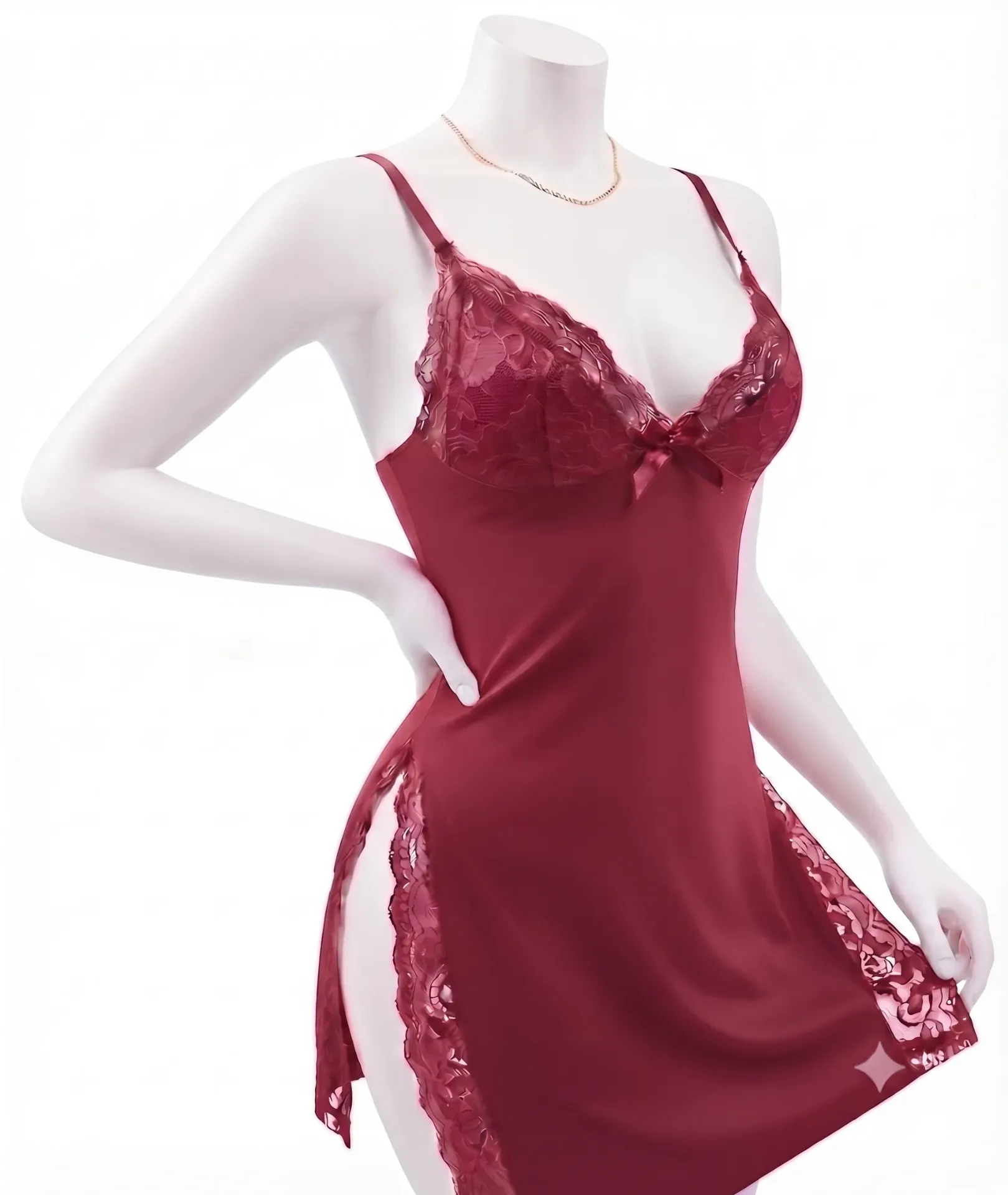 2 Piece  Elegant Babydoll with Lace Side Slits & Thong