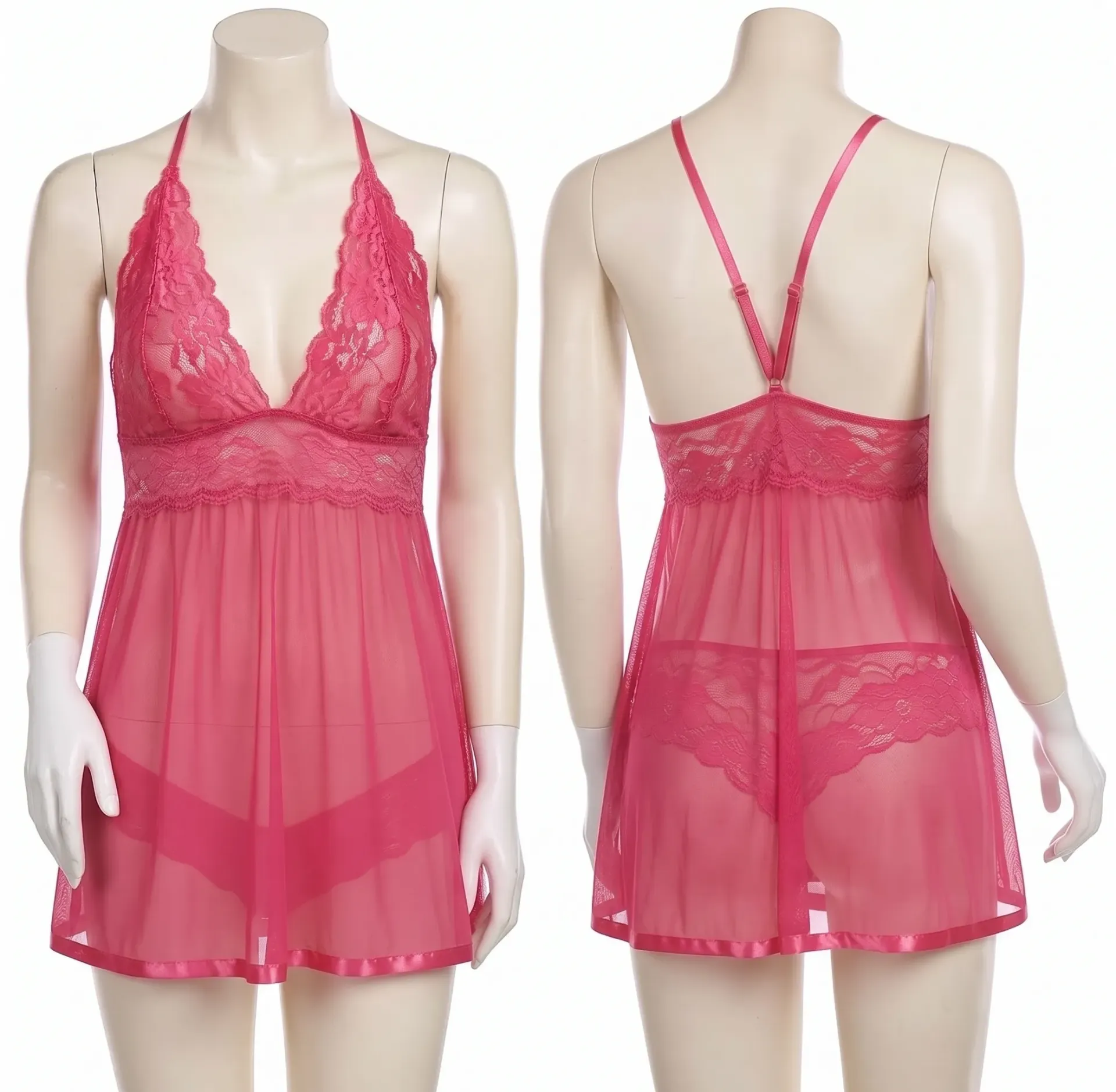 2 Piece Elegant Sheer Nightwear (Pink, S)