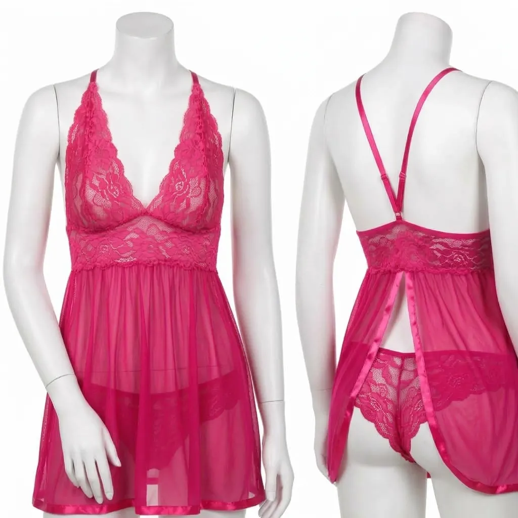 2 Piece Elegant Sheer Nightwear (Pink, S)