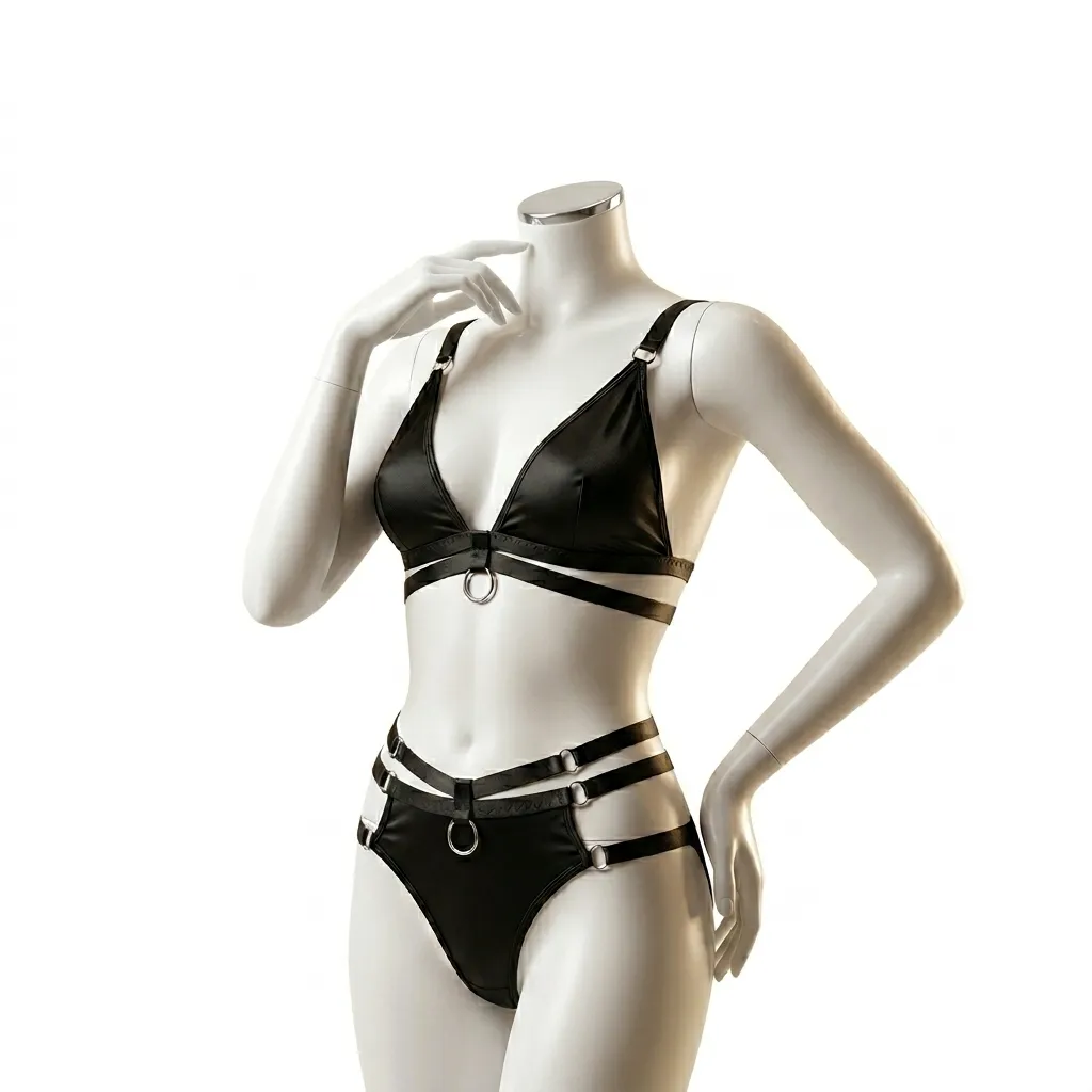 Black Harness-Style Lingerie Set with Silver Details (M)