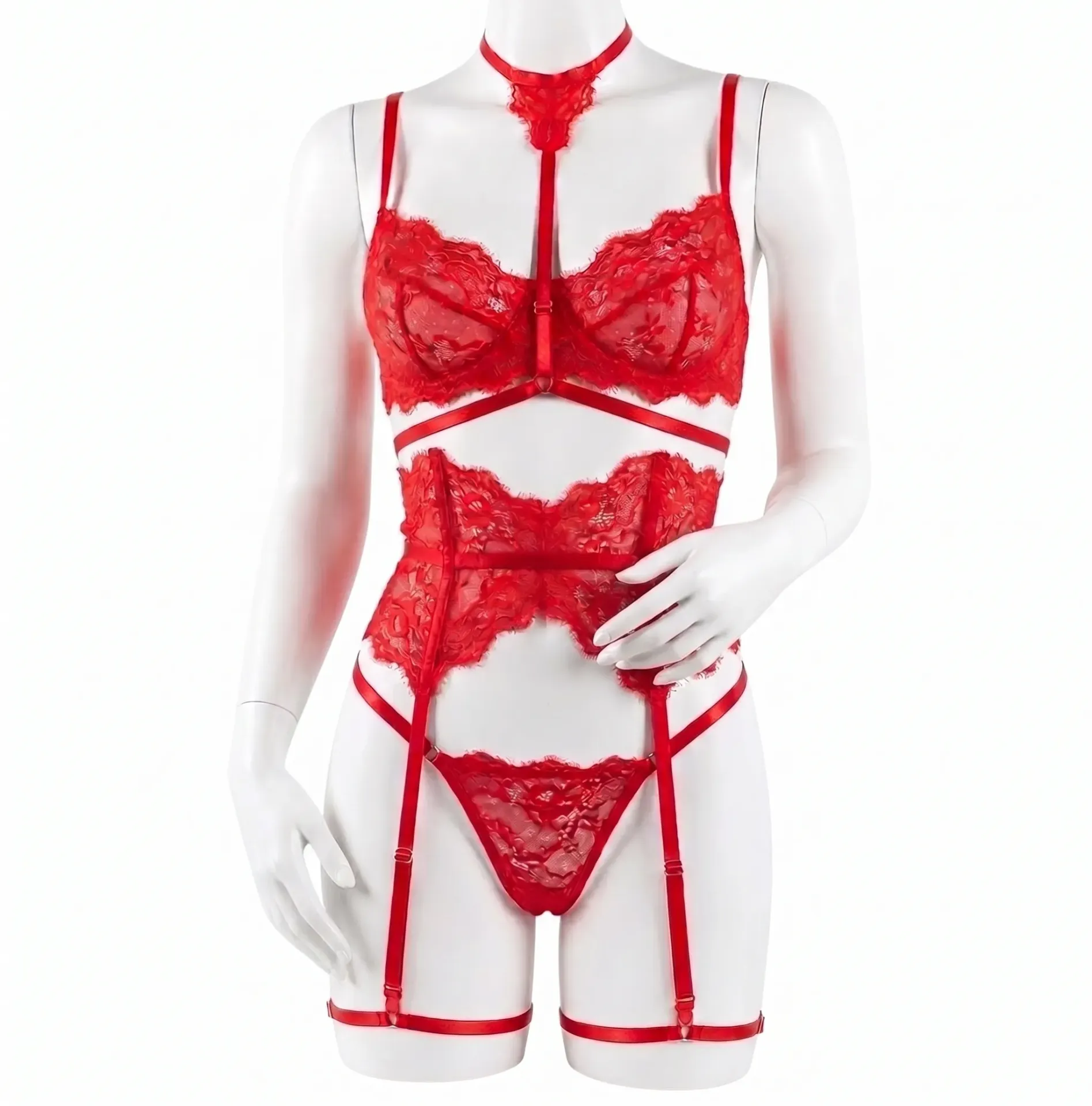 5 Piece Lace Bustier Corset and Bra Set (Red, M)