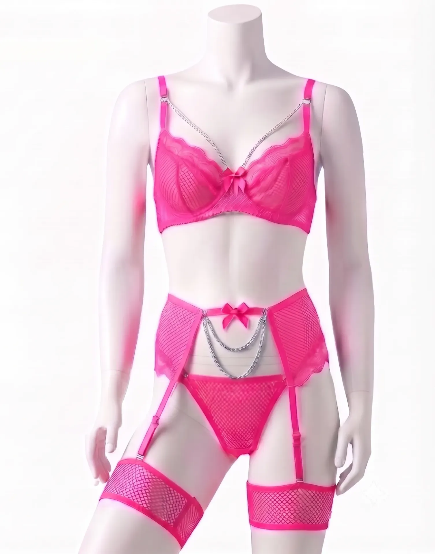 4 Piece Jewelry-Style Bra, Thong, and Garter Belt Set (Pink, M)
