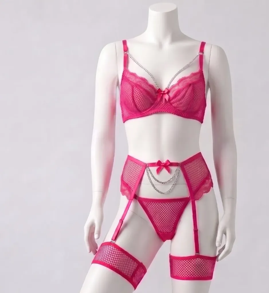 Jewelry-Style Bra, Thong, and Garter Belt Set (Pink, M)