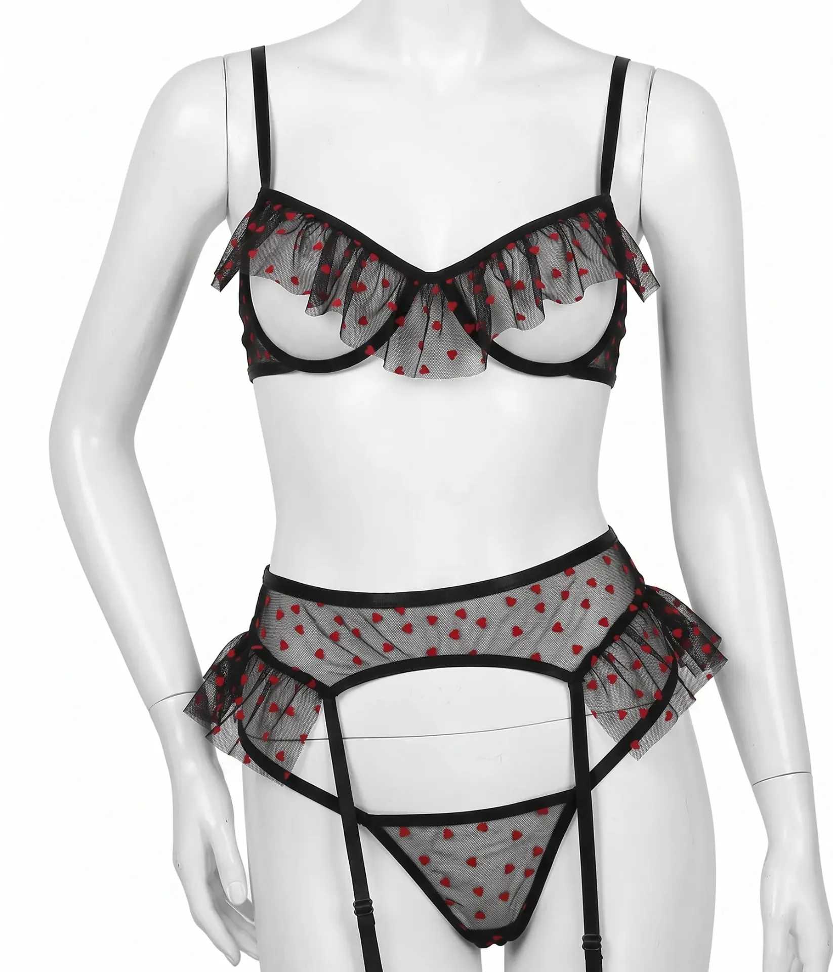 3 Piece Black Tulle Lingerie Set with Red Heart Patterns and Ruffles (M)