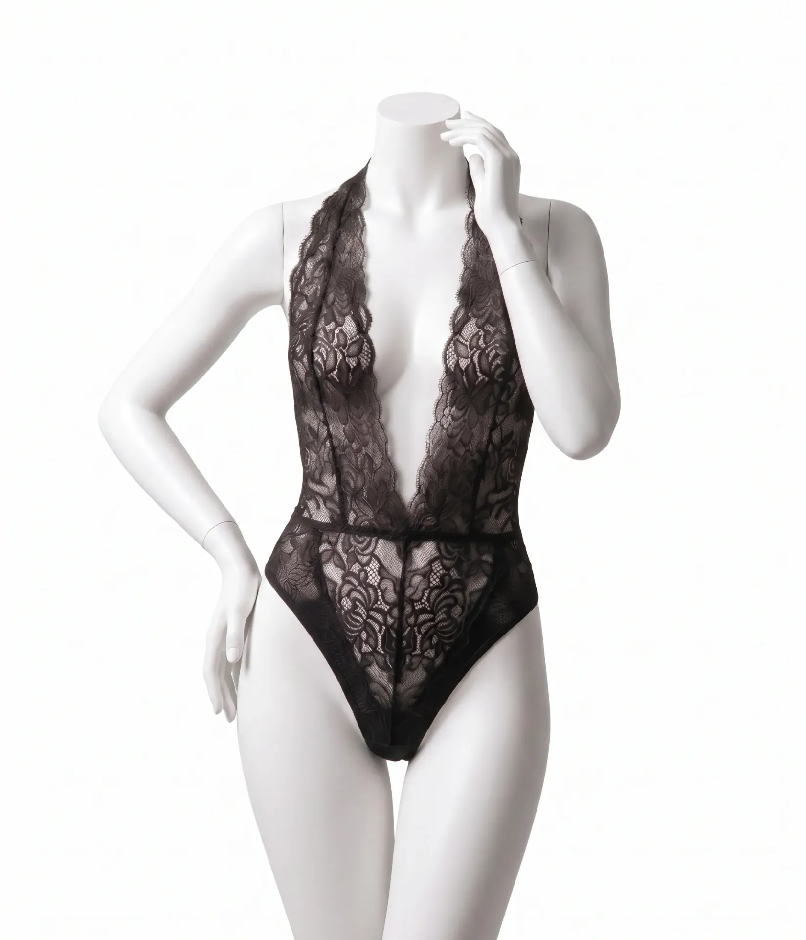 Sheer Lace Bodysuit with a Plunging Neckline (Black , M)
