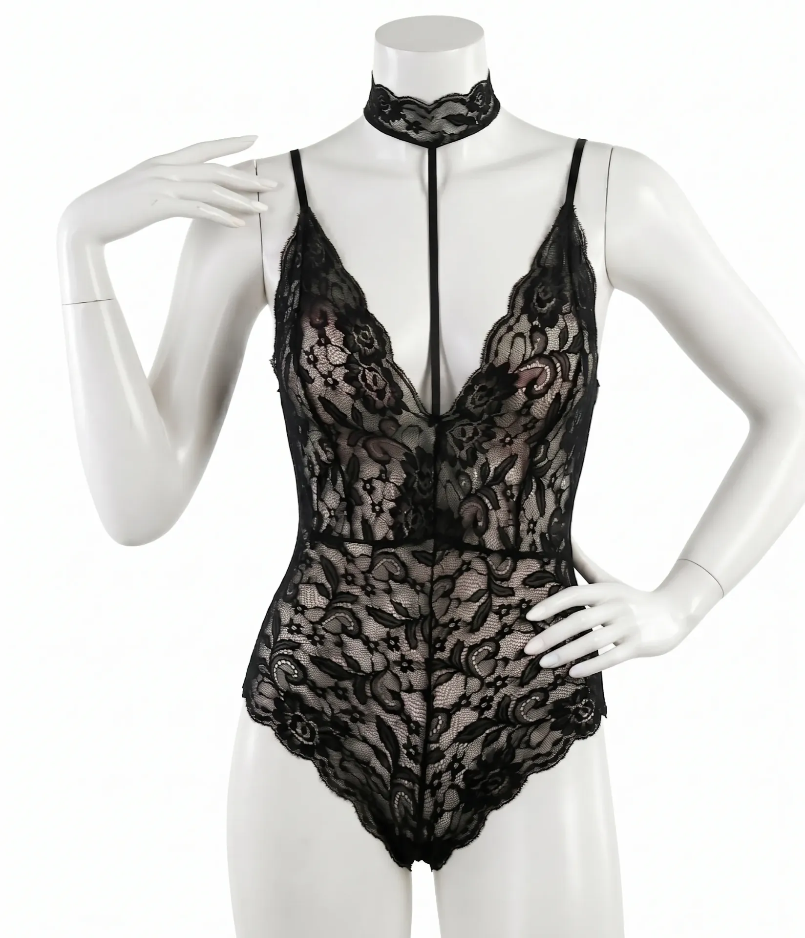 Body en dentelle, col choker intégré et dos nu croisé (Black , M)