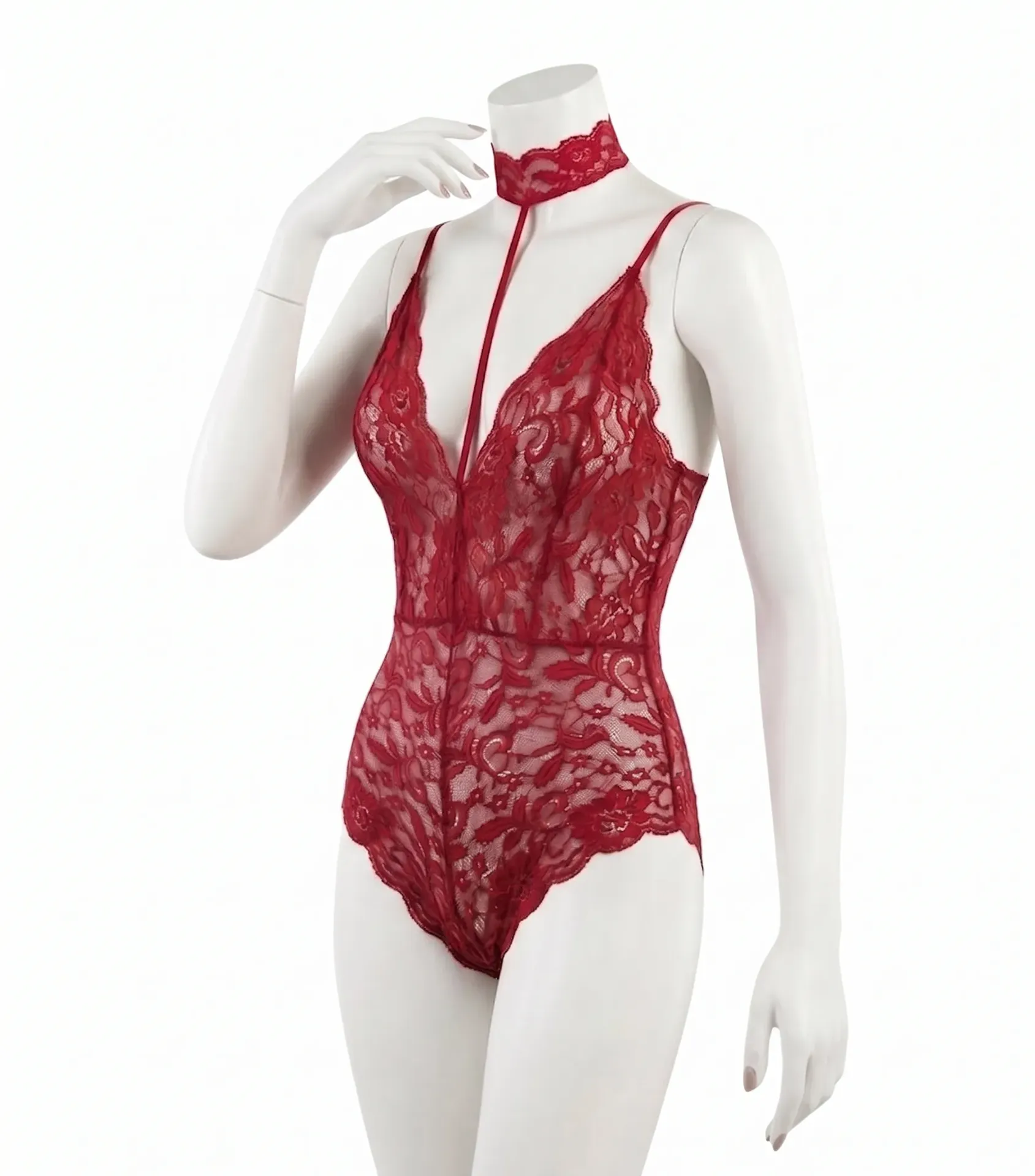 Lace Bodysuit with Built-In Choker and Cross-Back