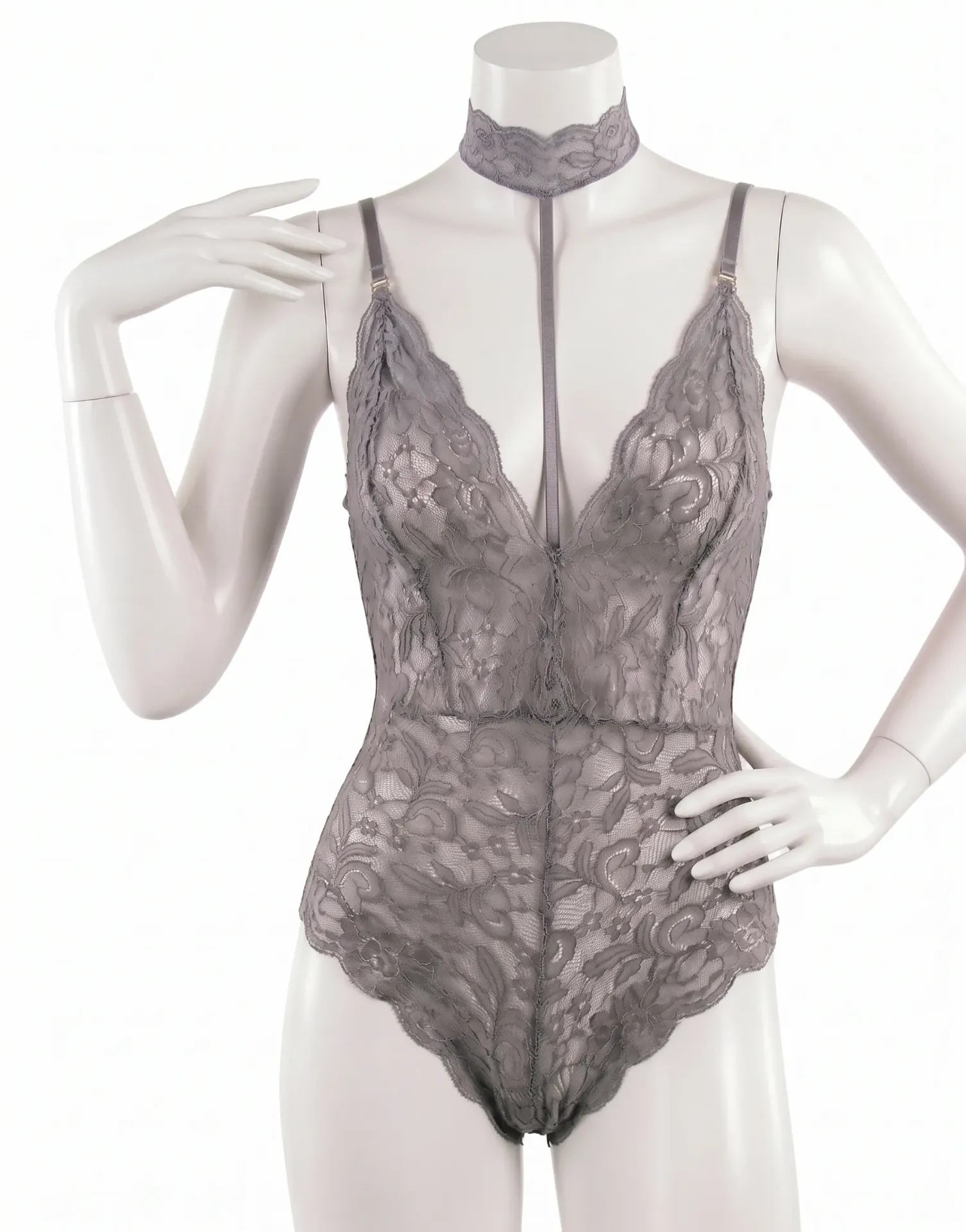 Lace Bodysuit with Built-In Choker and Cross-Back