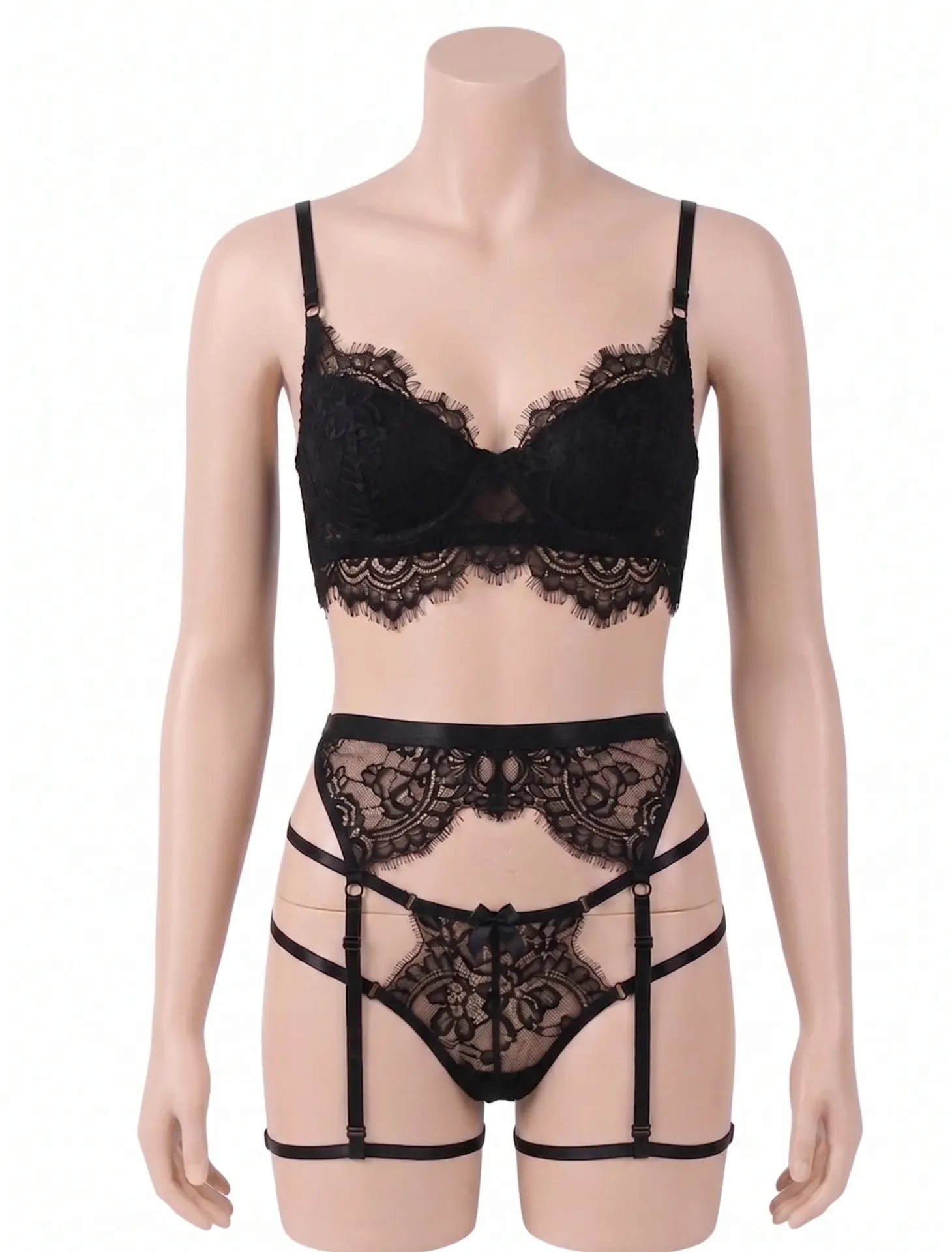 4 Piece Lace Lingerie Set with Thigh Straps and Garter Belt (Black , S)