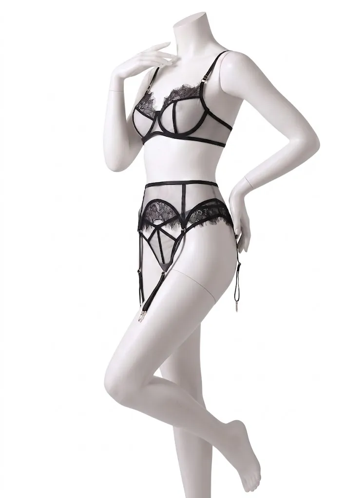 3 Piece Black Lingerie Set in Sheer Tulle, Eyelash Lace, and Garter Belt (M)