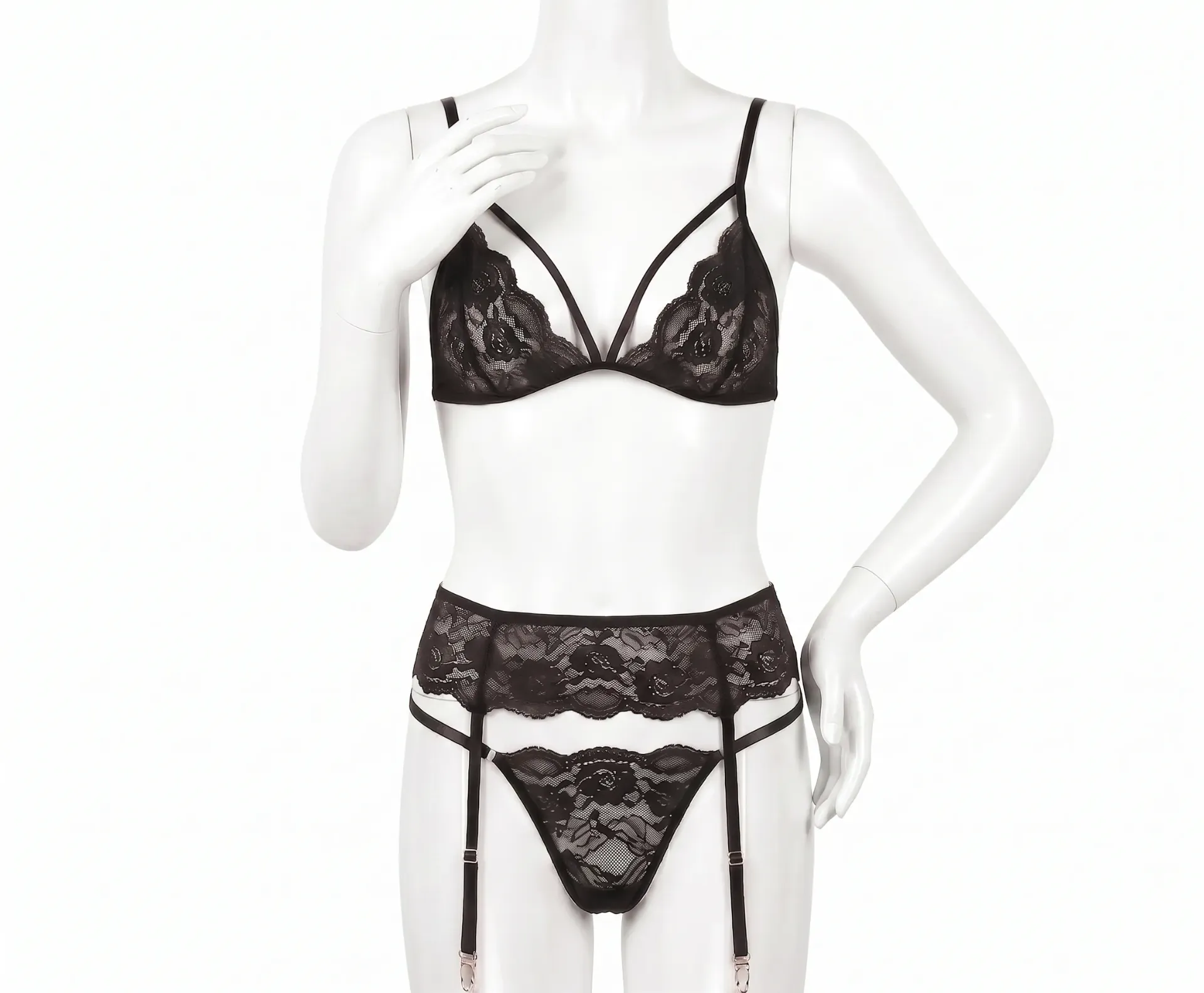 3 Piece Floral Lace Lingerie Set with Garter Belt and Harness (Black , M)