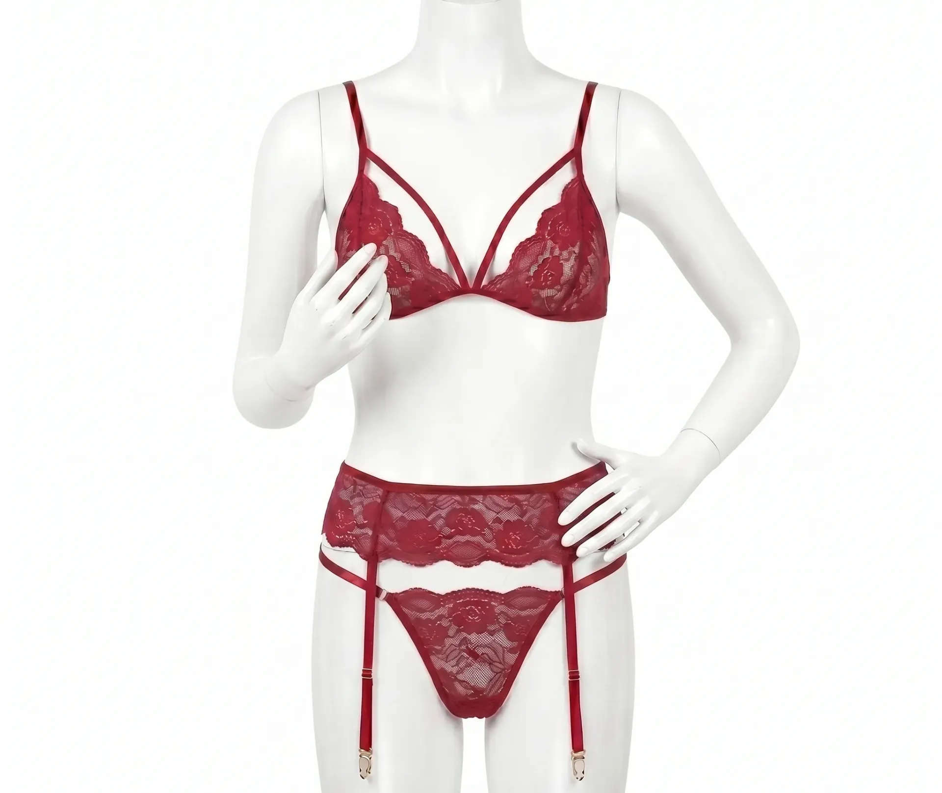 3 Piece Floral Lace Lingerie Set with Garter Belt and Harness