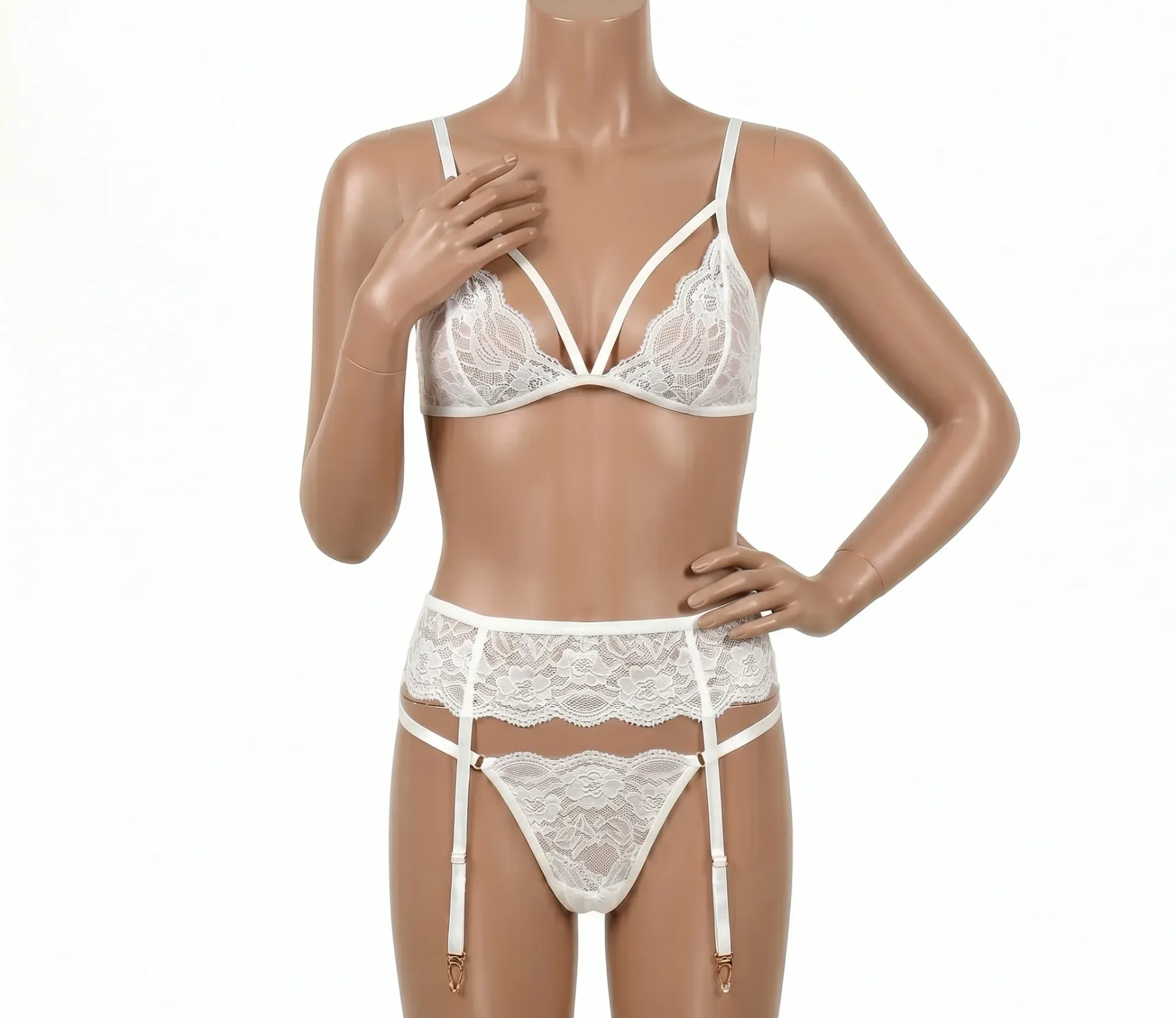 3 Piece Floral Lace Lingerie Set with Garter Belt and Harness