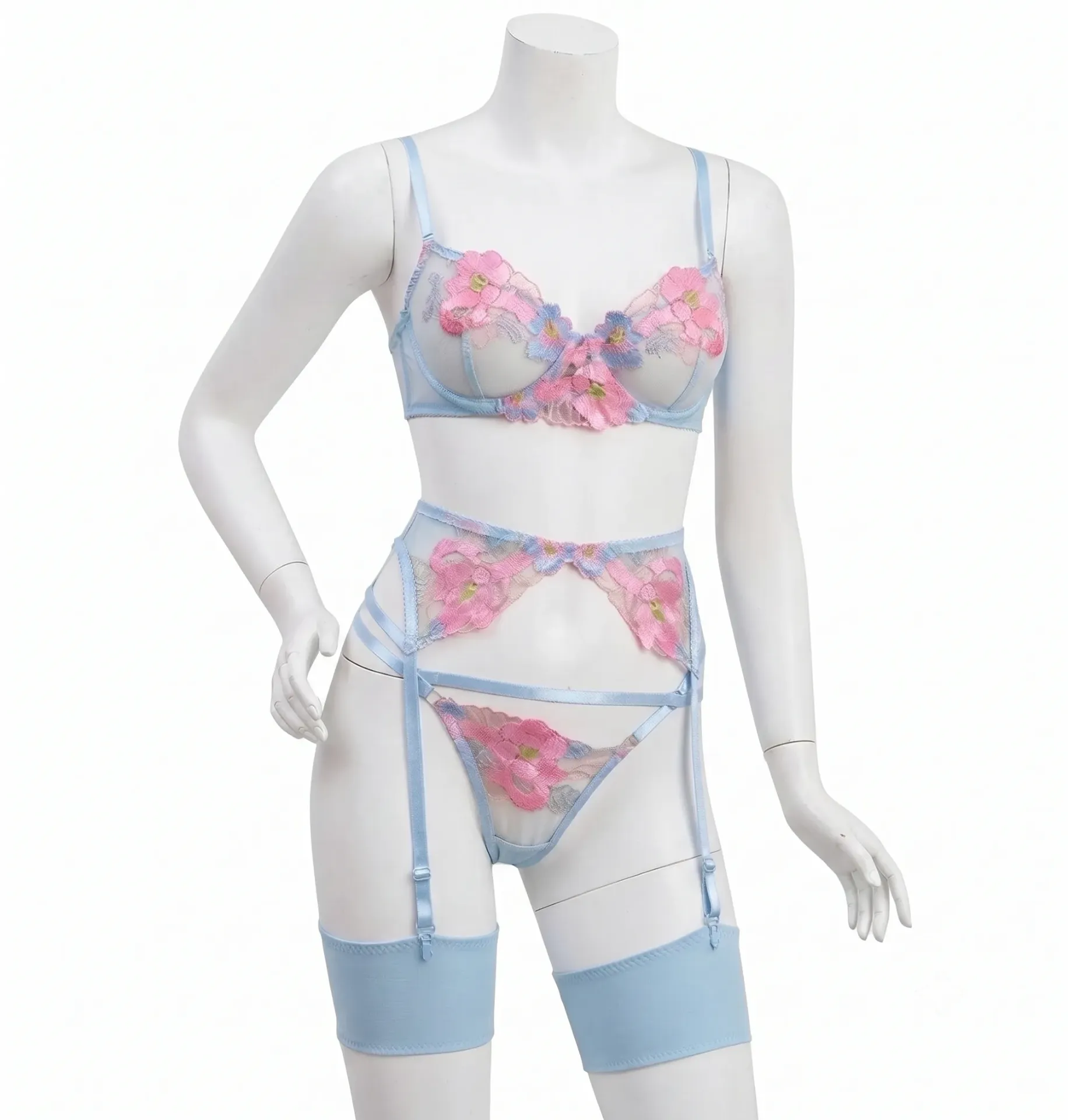 3-Piece Floral Embroidered Tulle Lingerie Set with Garter Belt