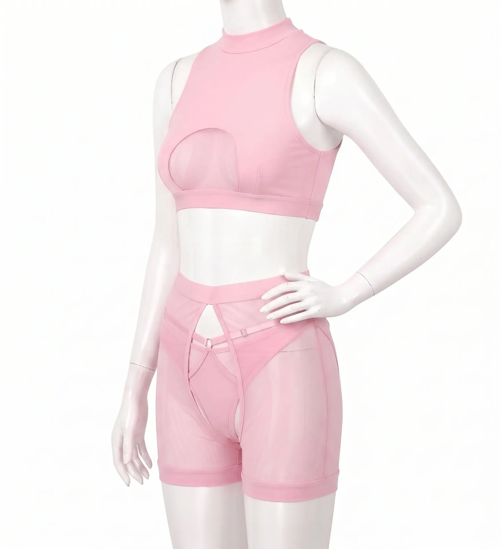 3 Piece Sculpted Silhouette Set with Chest Cutout and Fine Knit (Pink, L)