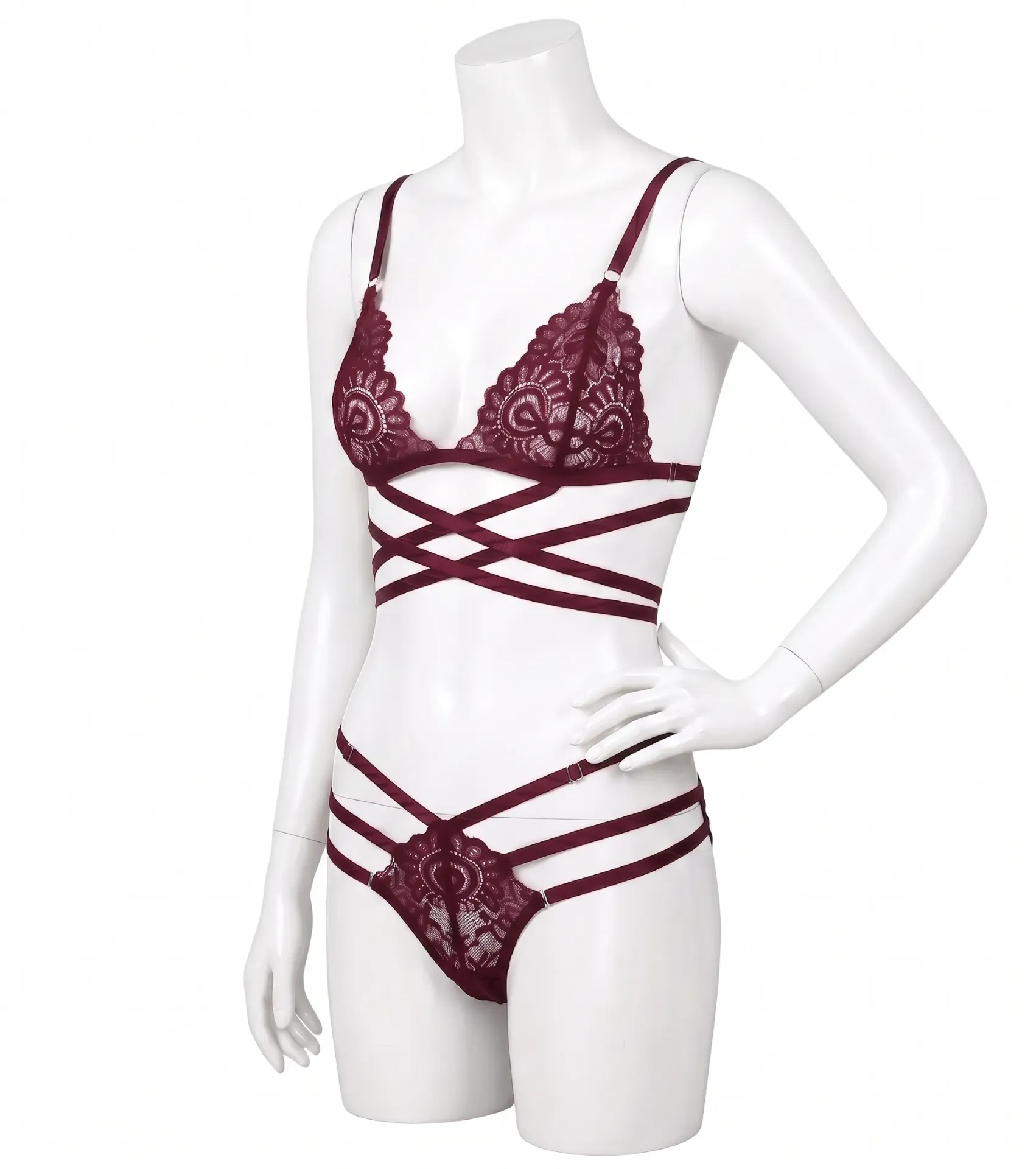 2 Piece - Fine Lace and Criss-Cross Straps Lingerie Set