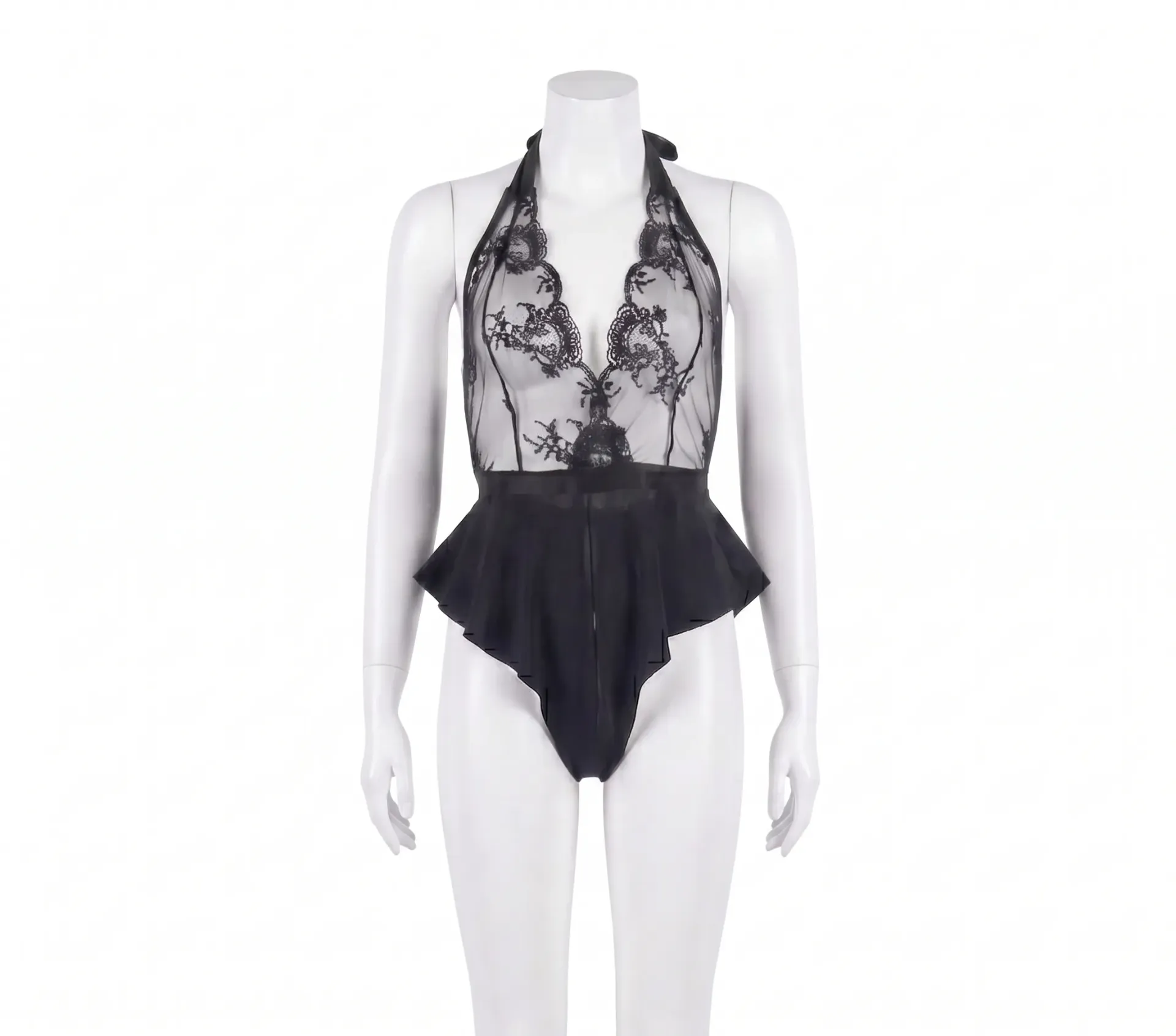 Sheer Lace Bodysuit with Peplum Bottom (Black , S)