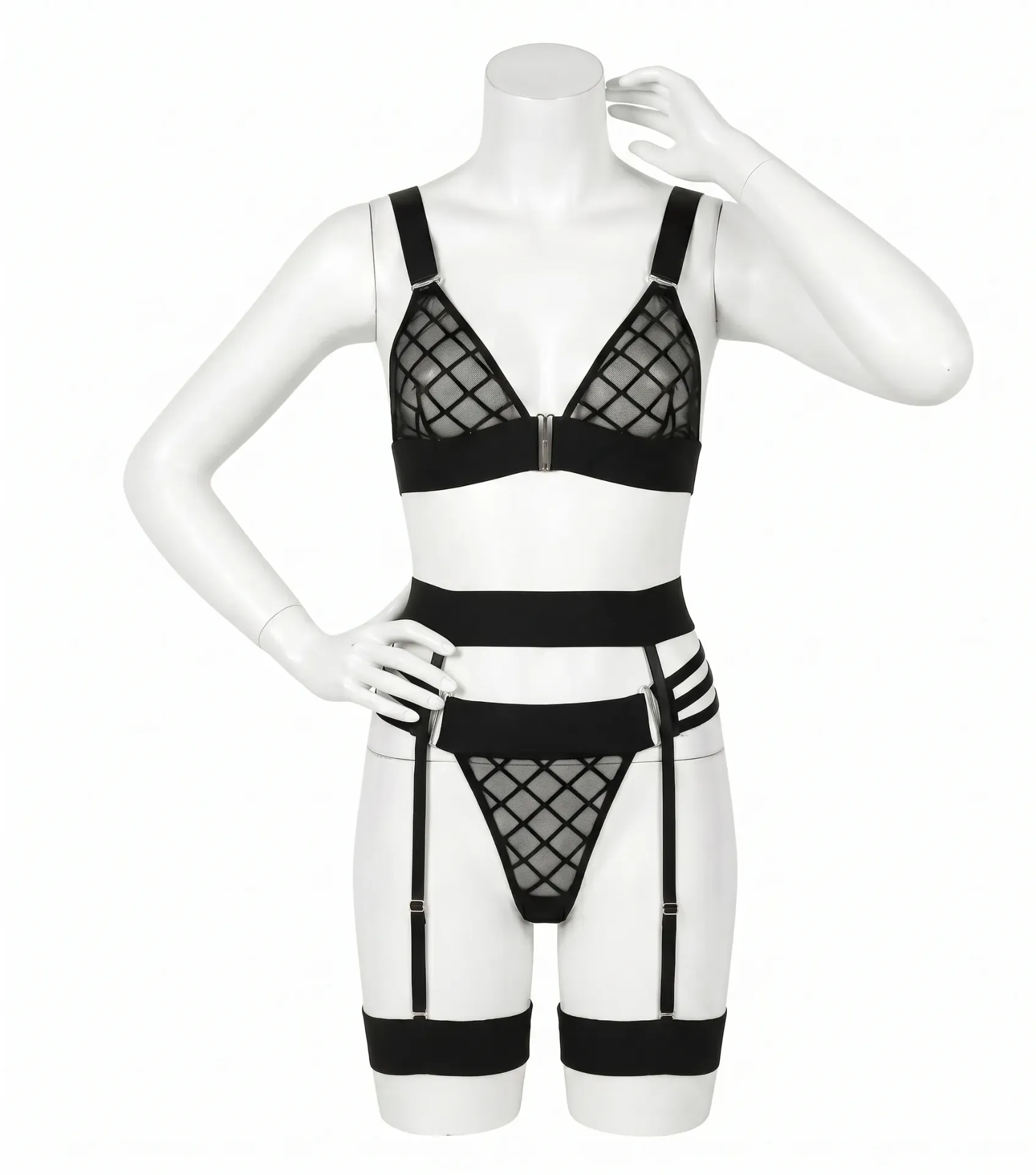 4 Piece Harness and Grid-Pattern Tulle Lingerie Set (Black , S)