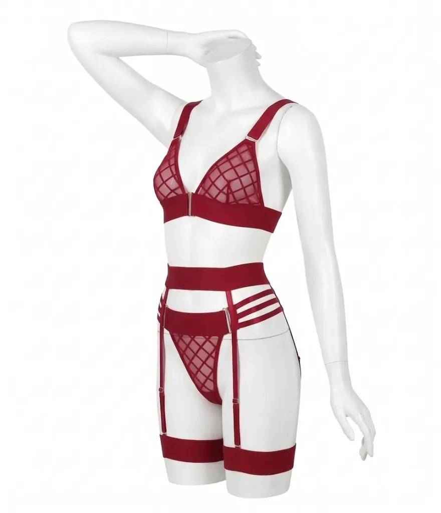 4 Piece Harness and Grid-Pattern Tulle Lingerie Set