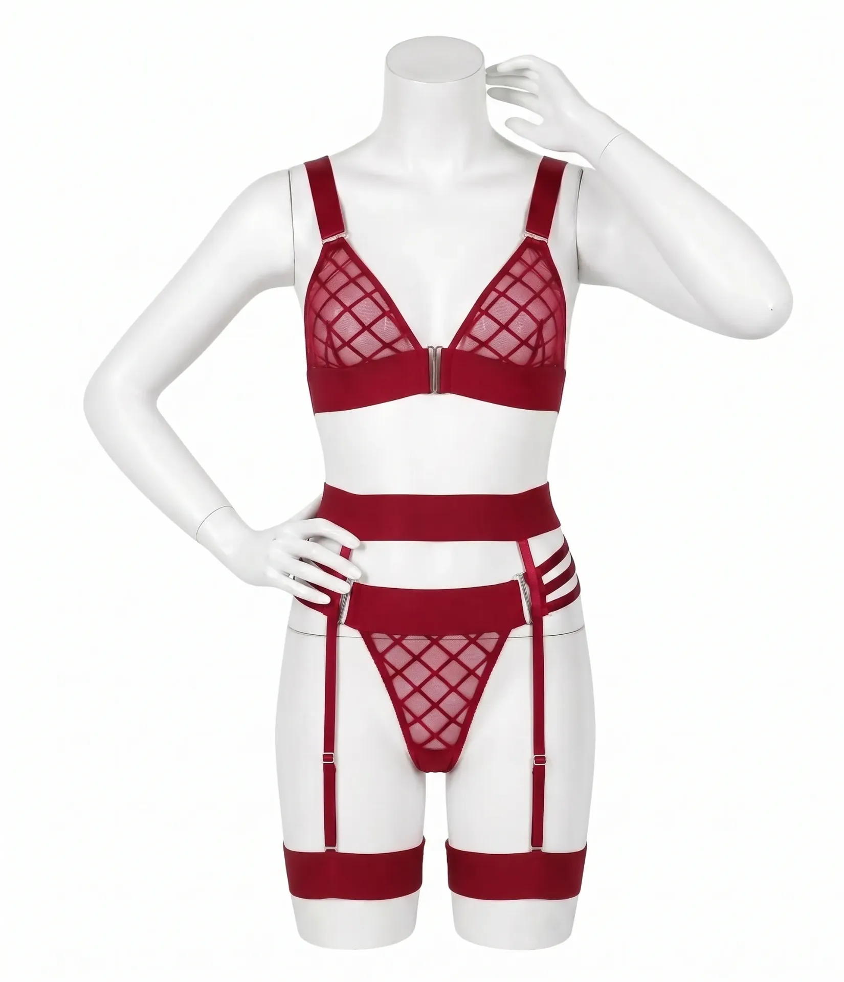 Ensemble Lingerie 4 Pièces Harnais et Tulle Quadrillé 