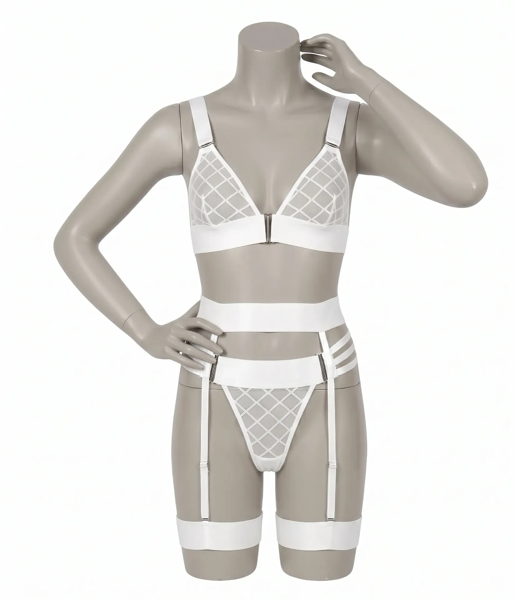 4 Piece Harness and Grid-Pattern Tulle Lingerie Set