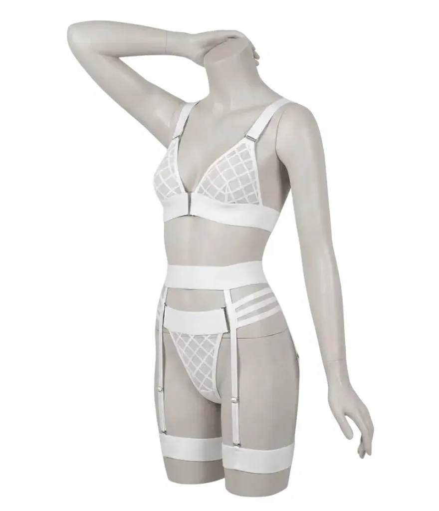 Ensemble Lingerie 4 Pièces Harnais et Tulle Quadrillé 