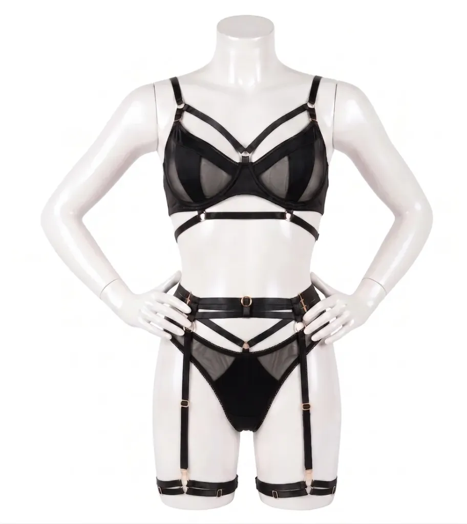 3-Piece Harness and Tulle Lingerie Set (Black , M)