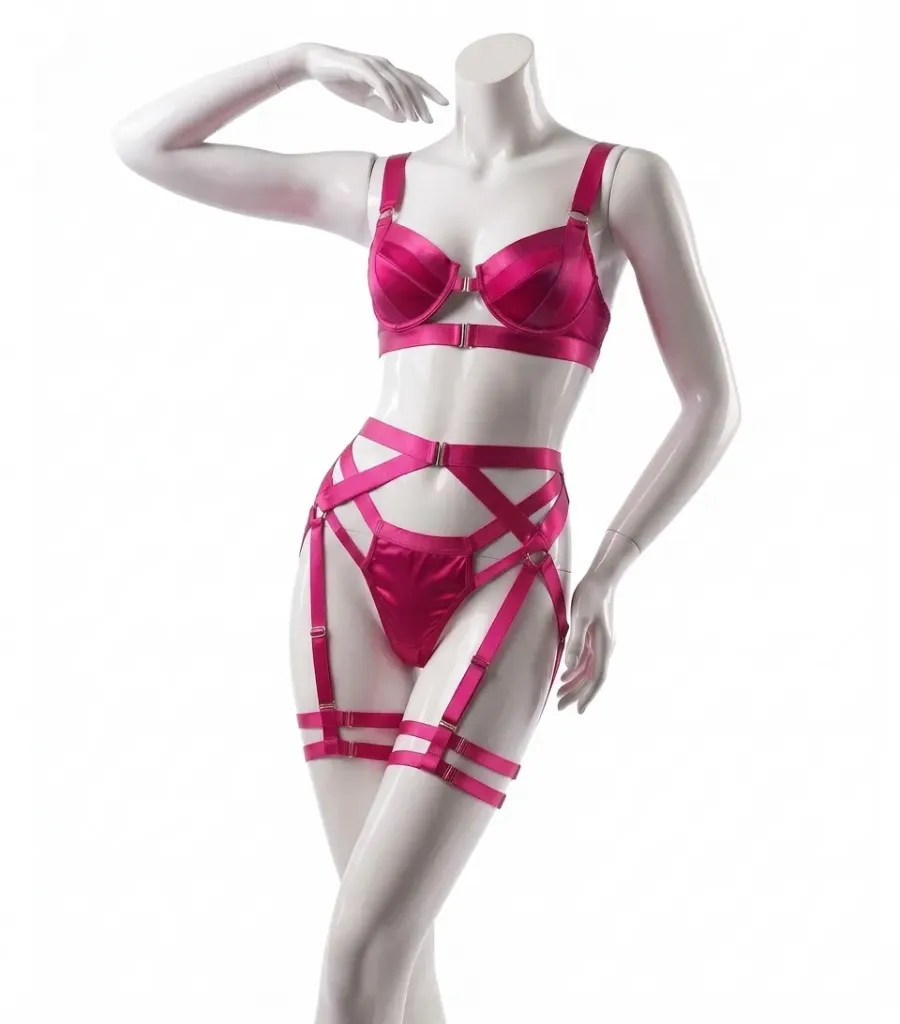 4 Piece Strappy Harness Lingerie Set (Pink, S)