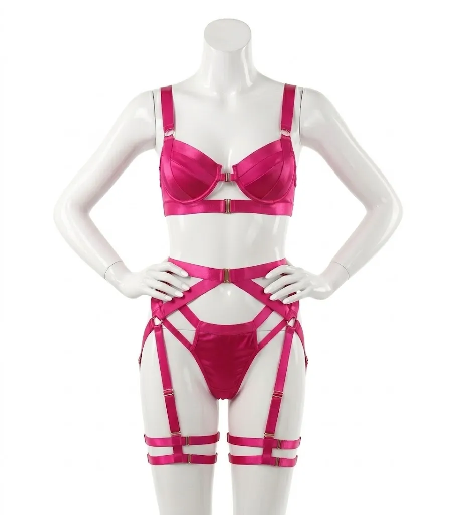 Ensemble Lingerie 4 Pièces en Lanières Harnais  (Rose , S)