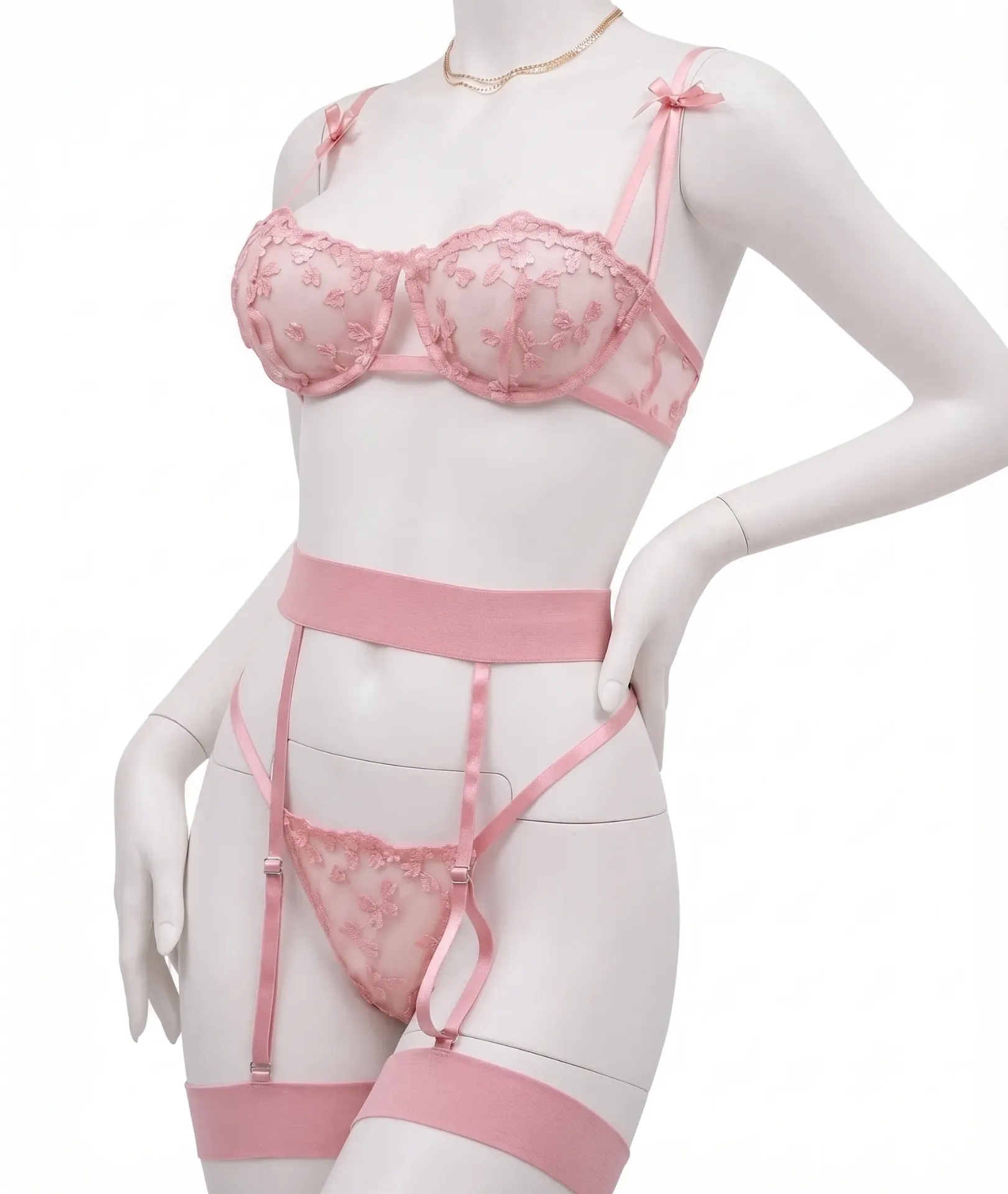 4 Piece Floral Embroidered Mesh Lingerie Set with Garter Belt (Pink, M)