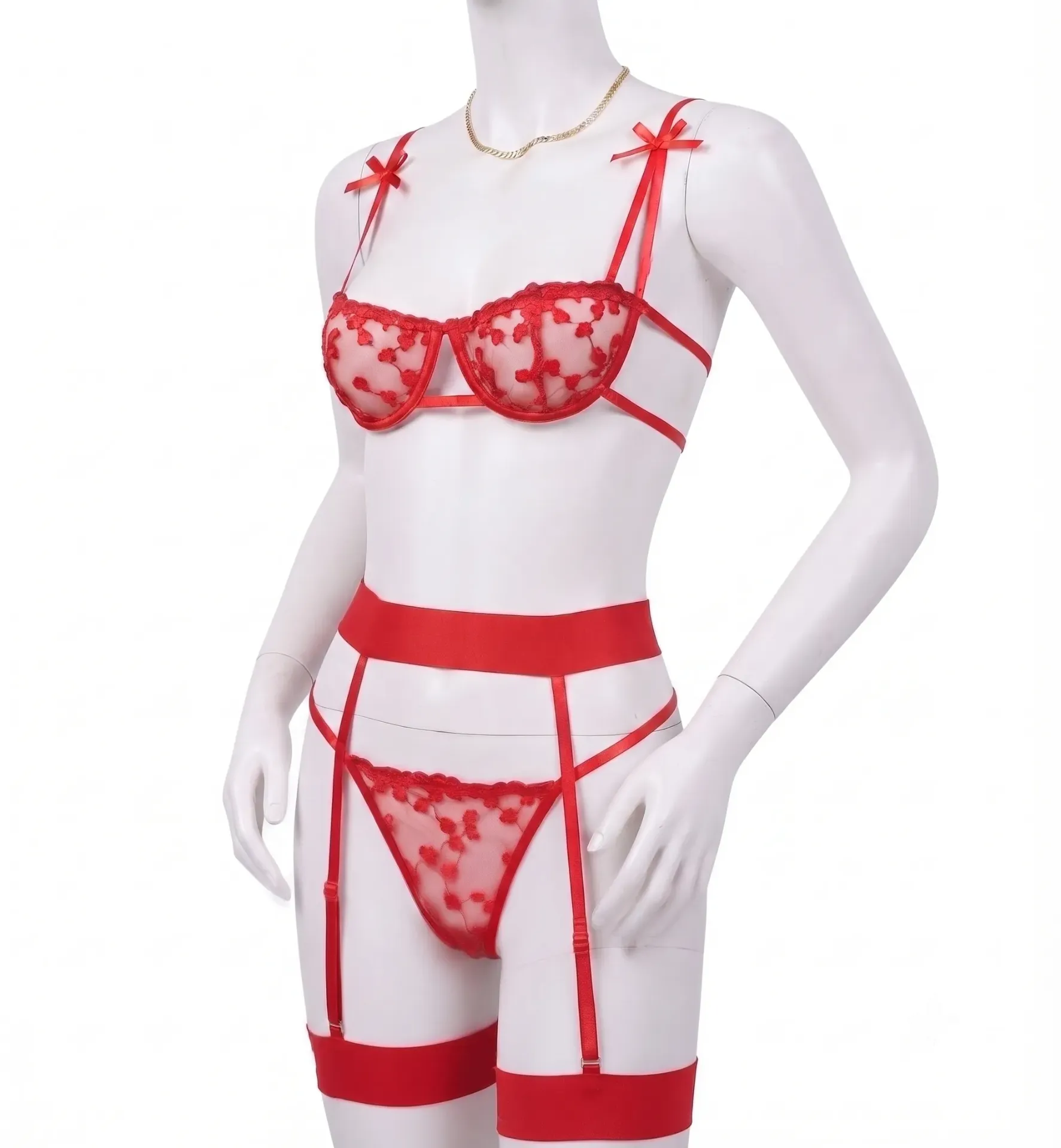 4 Piece Floral Embroidered Mesh Lingerie Set with Garter Belt