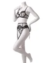 3-Piece Black Lingerie Set in Sheer Tulle, Eyelash Lace, and Garter Belt