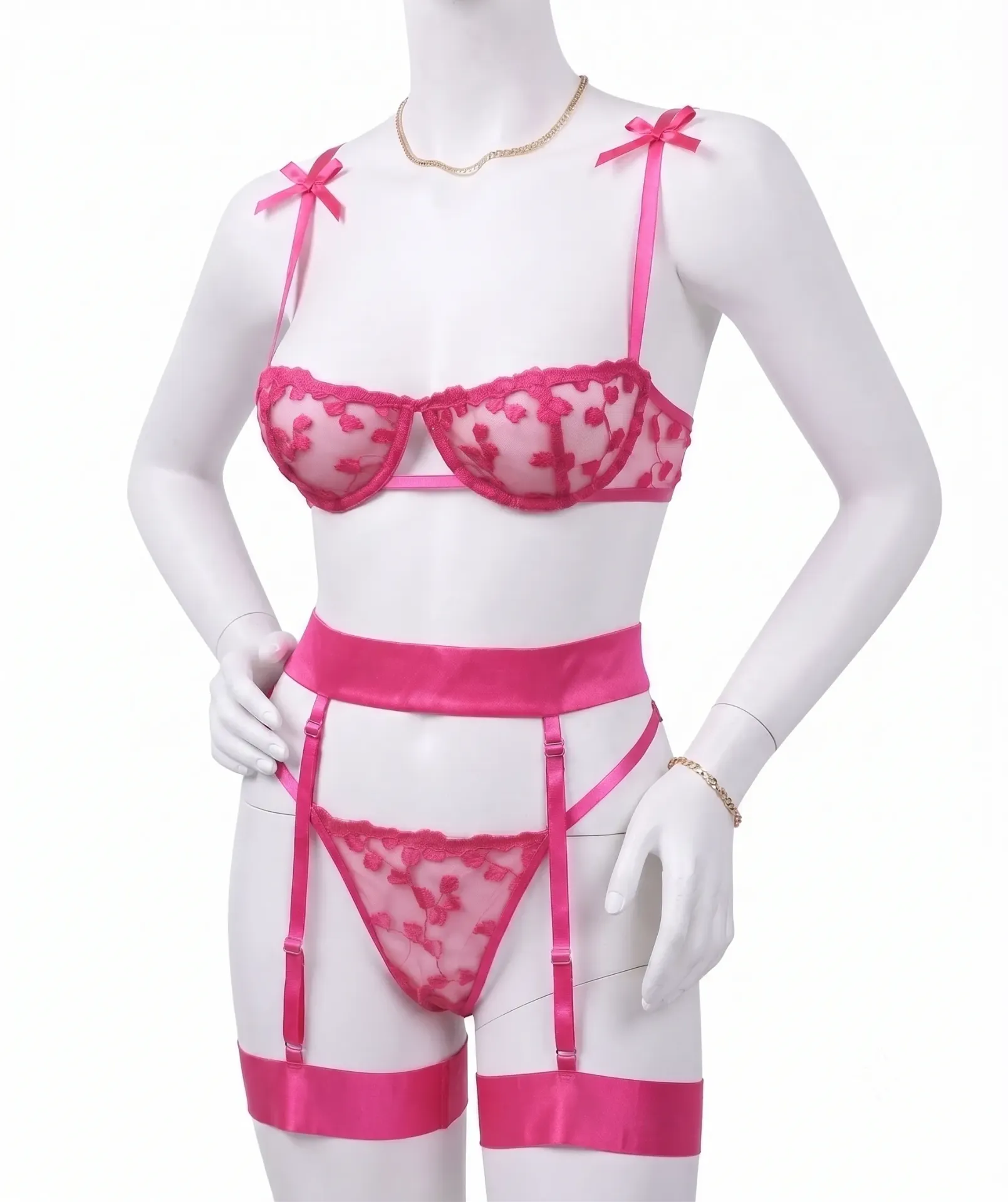 4 Piece Floral Embroidered Mesh Lingerie Set with Garter Belt